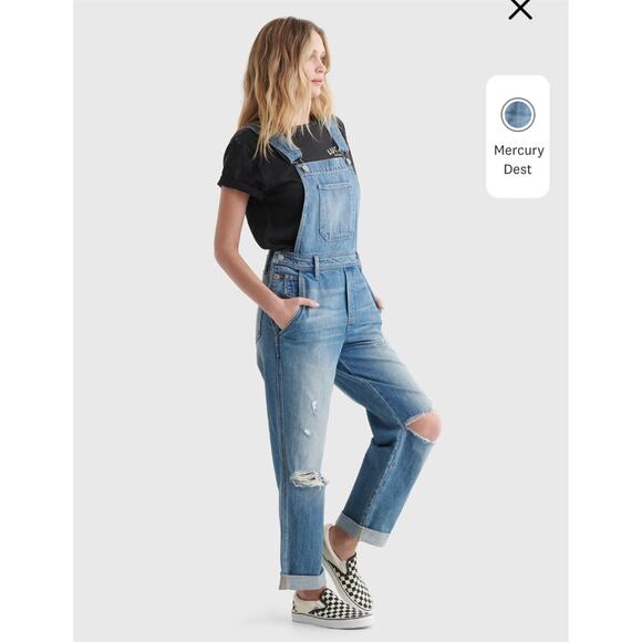 Lucky Brand Denim Boyfriend Distressed Overall Jeans Size Medium - Picture 2 of 15